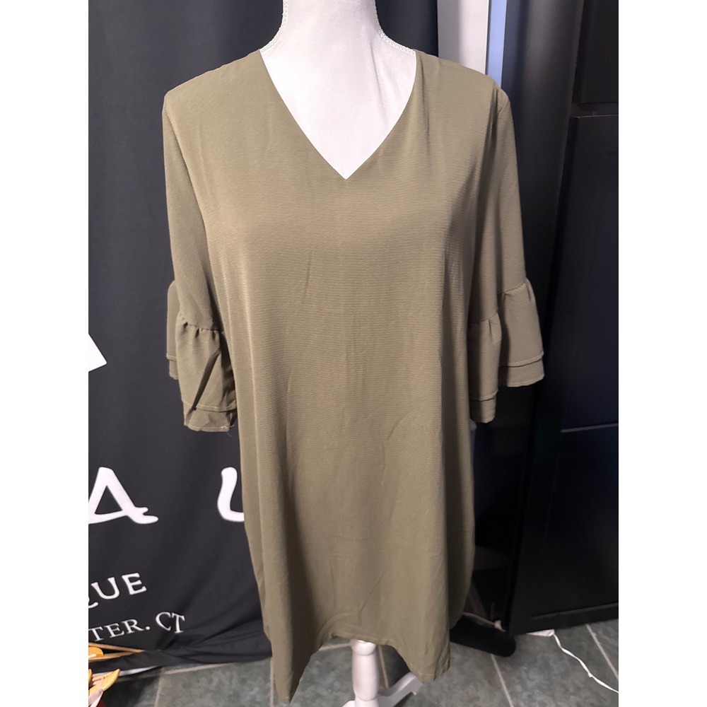 Belongsci Olive Green V-Neck Bell Sleeve Shift Dress 8817-2# Large - Picture 3 of 4